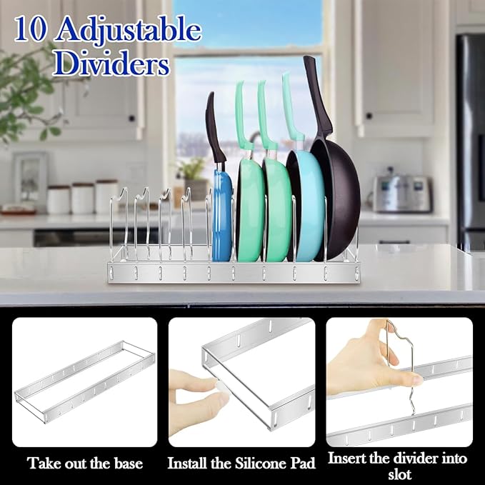 Lid Organizer Pot Lid Organizer Detachable and Adjustable Pots and Pans Organizer for Kitchen Cabinet Storage for Pots and Pans, Cutting Boards, Cooking Utensils (1 pack)