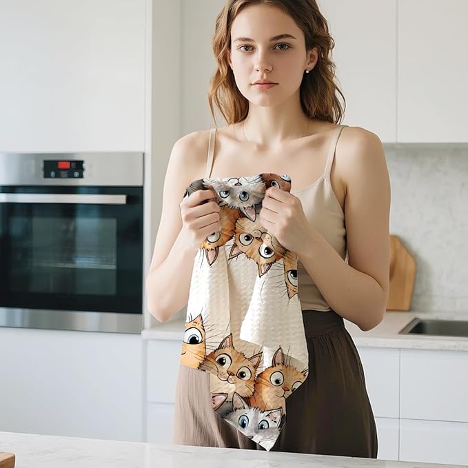 2 Pcs Cute Cat Kitchen Towels, Cats Soft Absorbent Hand Tea Towel, Microfiber Dish Cloths for Drying Dishes, Waffle Dish Towels for Kitchen Home Bathroom Decor, Cat Lover Gifts for Women Mom