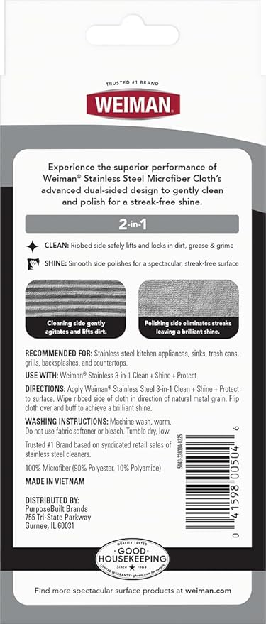 Weiman Microfiber Cloth for Stainless Steel, Safely Traps and Removes Dirt, Oil and Grime to Protect from Scratches 13.8" x 13.8" (Pack of 2)
