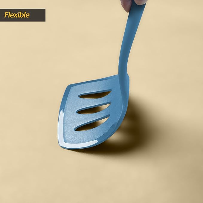Silicone Pancake Spatula Turner with Lengthened Handle& Seamless Design, Heat Resistant Slotted Flipper for Nonstick Cookware, Large Flexible Kitchen Utensils for Egg, Pancake, Burger, Slotted Blue