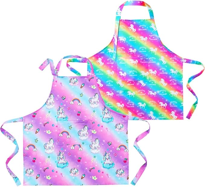 PASHOP 2 Pack Kids Apron Rainbow Unicorn Toddler Apron With Pockets for Kids Girls Boys Cooking Baking Painting