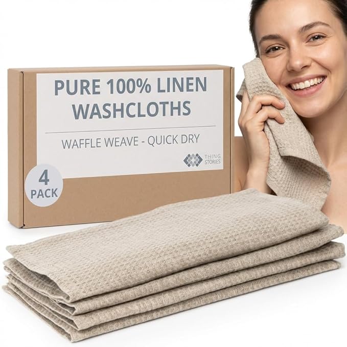 Flax Linen Washcloths for Bathroom - Waffle Washcloths 4-Pack 10x10 inch - Linen Face Cloths - Waffle Weave Cleaning Cloths with Loop - Exfoliating Face Towel for Women