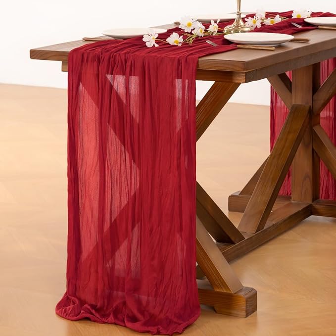Socomi 10pcs Red Cheesecloth Table Runner Boho Rustic Gauze 120 inch 10FT Cheese Cloth Runner for Wedding Party Baby Shower Birthday Home Decor Holiday Decorations