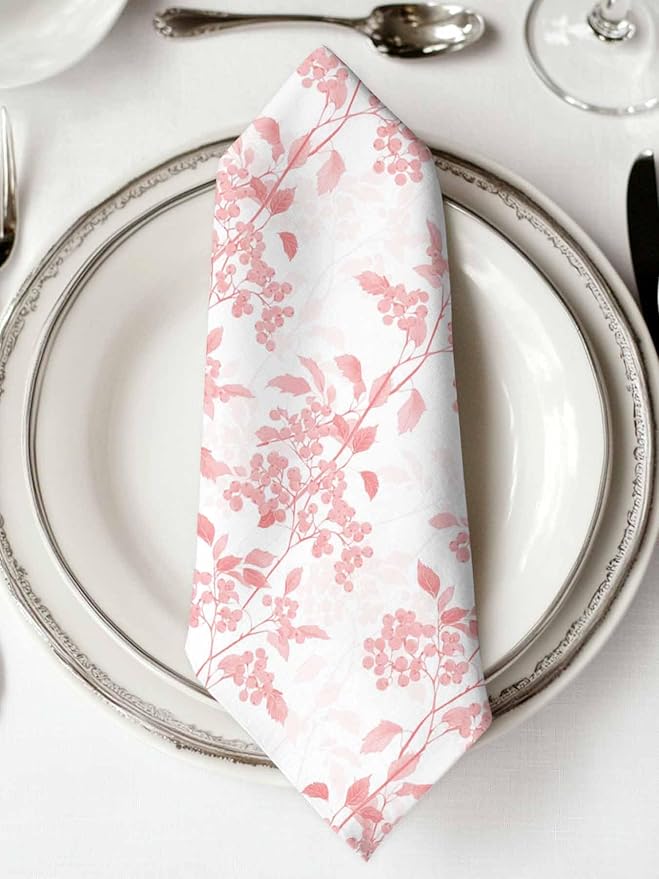 Pink Flower Leaves Cloth Napkins Set of 6 - Washable Dinner Napkins Reusable Table Napkin for Home Party Weeding Dining Table Setting Decoration,Oversized Grey Modern Pastel White Floral Spring Summer