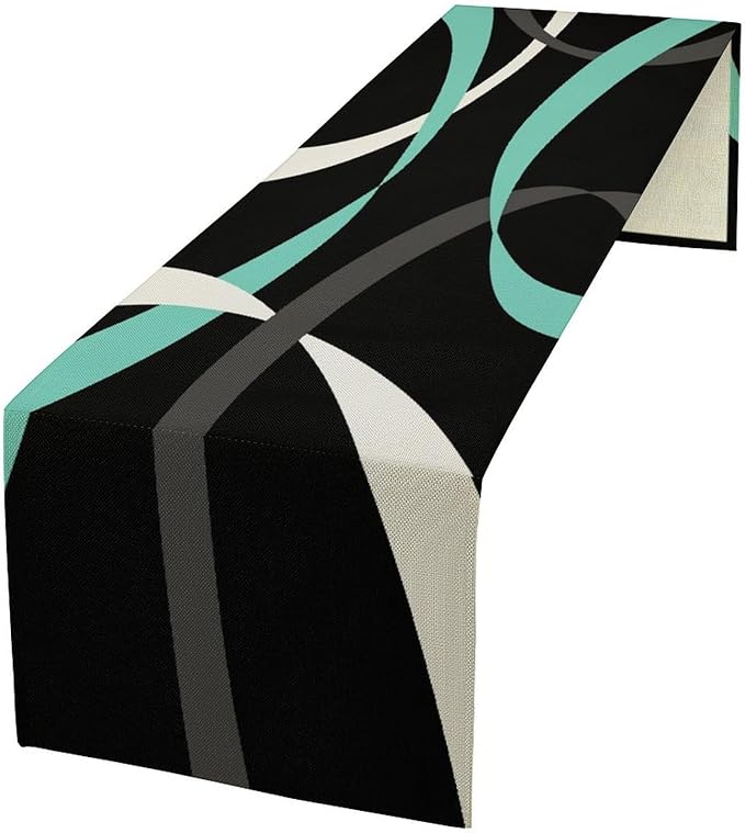 Abstract Geometric Table Runner Teal Grey and White Striped Black Background Modern Kitchen Dinner Runner for Indoor Home Living Room Party Dining Table Decoration 13"x90"
