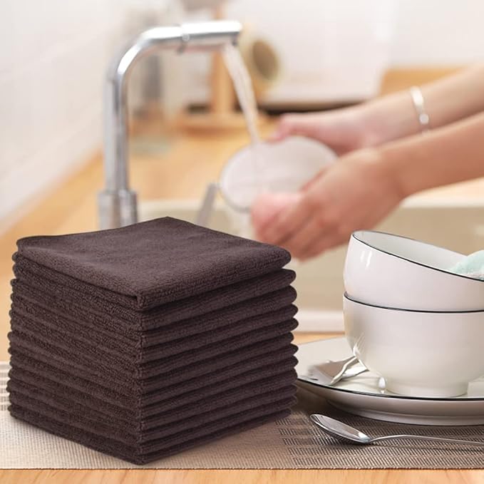 SINLAND Absorbent Microfiber Dish Cloth Kitchen No Streak Cleaning Cloth Dish Rags Lens Cloths 12 Inch X 12 Inch 12 Pack Dark Brown