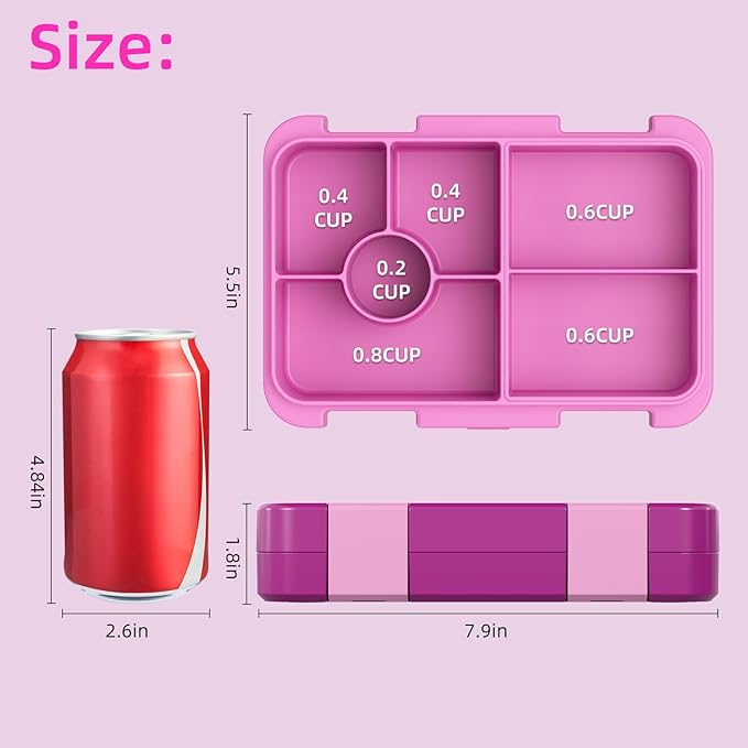 Bento Lunch Box for Kids, 6 Compartments BPA Free, Dishwasher Safe Back to School Snack Bento Lunch Containers Boxes, Ideal Portion Sizes for On-the-Go Meal, Ages 3+, School, Rose Red