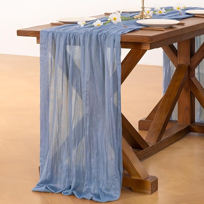 Socomi 10pcs Dusty Blue Valentine's Day Cheesecloth Table Runner Boho Rustic Gauze 120 inch 10FT Cheese Cloth Runner for Wedding Party Baby Shower Birthday Home Decor Holiday Decorations