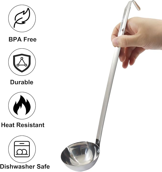 8 Oz Stainless Steel Ladle, 3 Pcs Sturdy Soup Ladle, 15" Long Handle Length for Stirring, Portioning and Serving Soup and Stew in Restaurants and Home (3.9" Bowl Diameter）