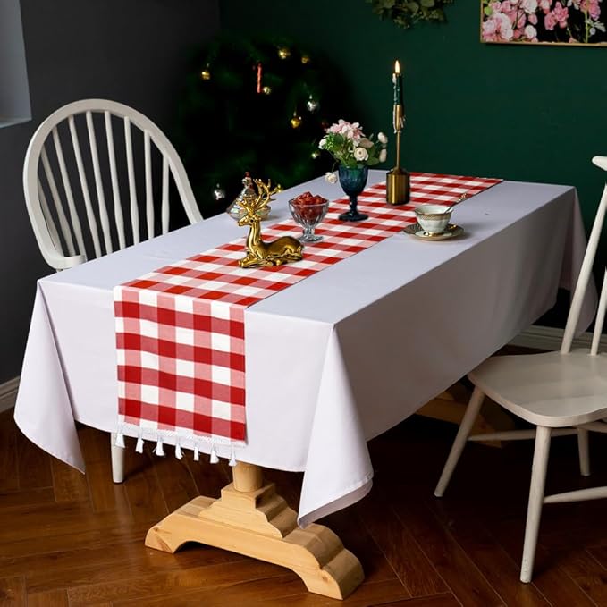 DUOBAO 2pcs Buffalo Plaid Table Runners 14x72-Inches Red and White Checkered Tables-Runners with Tassel Linen Christmas Decor Gingham Rustic Farmhouse Tablecloth Decor