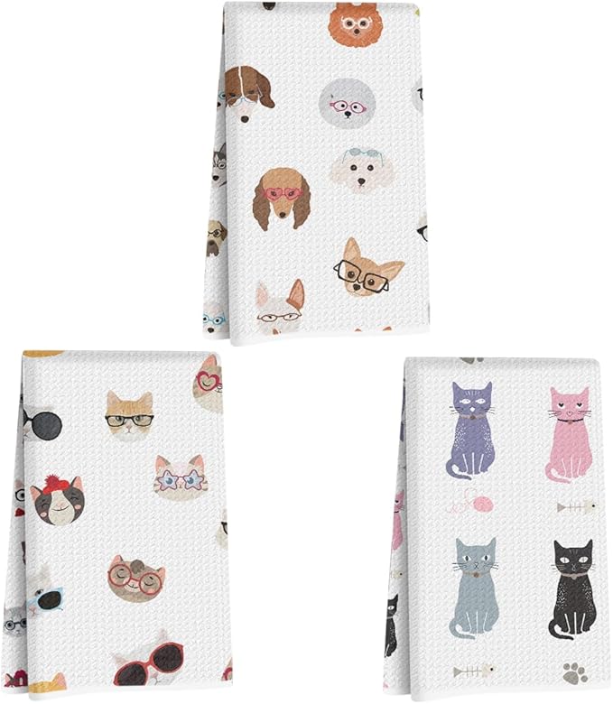 3Pcs Funny Cat Kitchen Towels, Dog Waffle Weave Dish Towels for Kitchen Bathroom Farmhouse Decor, Absorbent Microfiber Tea Cloth Hand Towel, Cat Gifts for Women Mom Friend Cat Lovers, 24x14 Inch