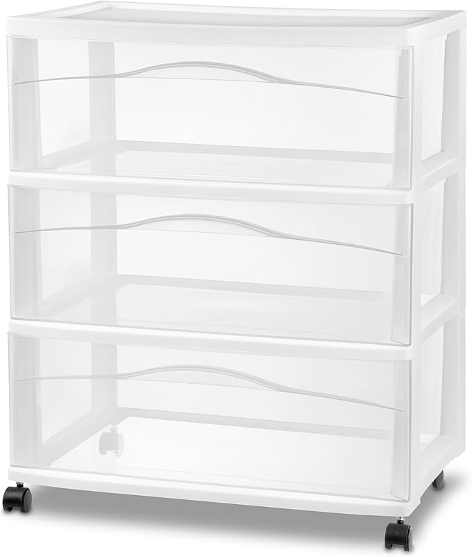 Sterilite Wide 3 Drawer Storage Cart, Plastic Organizer with Wheels, White - Multipurpose Bin for Clothes, Accessories, or Home Accessories