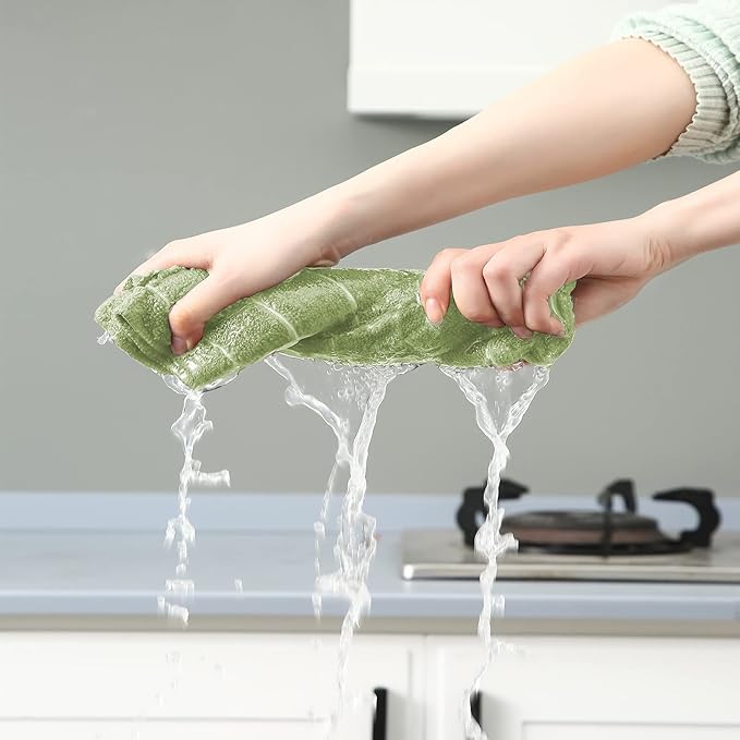 Puomue Microfiber Kitchen Towels and Dishcloths Set, 26 X 18 Inch and 12 X 12 Inch, Set of 12 Bulk Lint Free Dish Towels for Drying Dishes, Olive Green