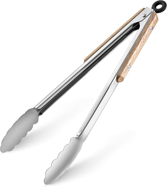 12-Inch Stainless Steel Kitchen Tongs for Cooking,Locking Metal Tongs with Oak Wood Handles,Cooking Tongs for Grilling,BBQ,Serving and Outdoor Barbecue,Heavy Duty,Heat-Resistant and Durable