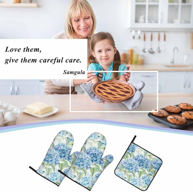 Teal Blue Flower Oven Mitts and Pot Holders Sets Hydrangea Nature Spring Summer Heat Resistant 3pcs for Cooking Baking BBQ