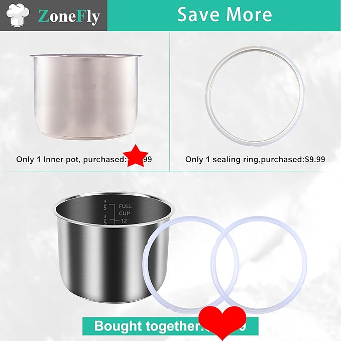 ZoneFly Original 6 Qt Power Cooker XL Replacement Inner Pot with 2 Pack Sealing Ring for Power Pressure Cooker PPC770 PPC771 PPC770-1 PRO PCXL-PRO6 PCTR-16 YBD60-100 WAL1 WAL2