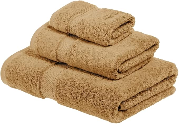 SUPERIOR Egyptian Cotton Pile 3 Piece Towel Set, Includes 1 Bath, 1 Hand, 1 Face Towel/Washcloth, Ultra Soft Luxury Towels, Thick Plush Essentials, Guest Bath, Spa, Hotel Bathroom, Toast