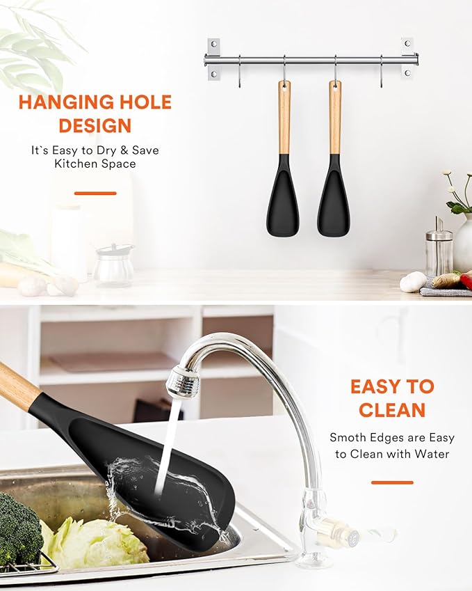 Cooking Spoon for Nonstick Cookwares, Great for Cooking and Serving Sturdy BPA-Free Matte Silicone, Wood Handle Spoon for Mixing, Scoop, and Scrape (2 Pack of Black, 13.4 inch)