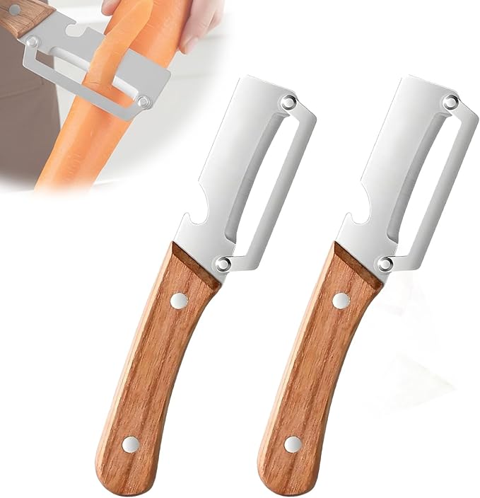 Sakerplus Multifunctional Vegetable Peeler,Multi Functional Premium Vegetable Peeler with Wooden Handle and Bottle Opener,Stainless Steel Blade Kitchen Tool (2)