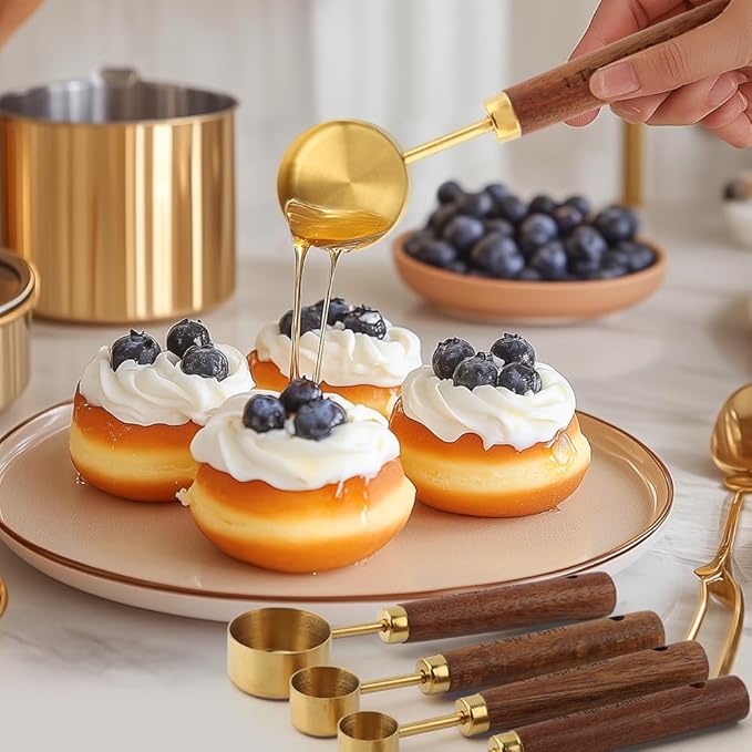 8Pcs Measuring Cups and Spoons Set, Stackable Measuring Cups with Wooden Handle, Stainless Steel Kitchen Measure Supplies Kit for Baking, Cooking(COLOR:gold+brown)