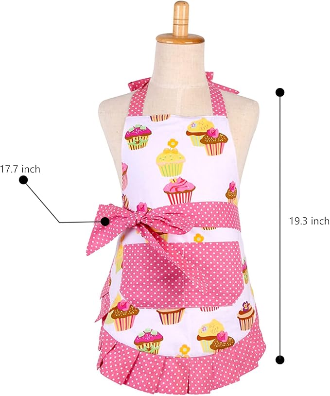 G2PLUS Kid Cotton Aprons, Toddler Apron with Pocket, Pink Cupcake Child Apron for Girls, Cooking, Baking, Kitchen, Art Craft Use