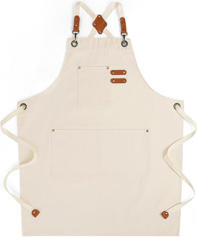 Chef Aprons for Men Women with Large Pockets, Cotton Canvas Water Repellent Kitchen Apron for Cooking