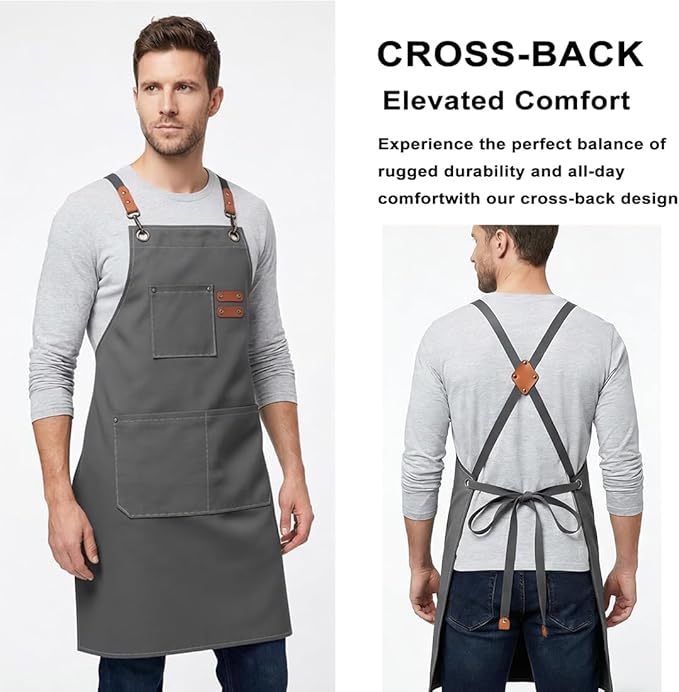 ZOMAO Chef Apron for Women Men with Large Pockets, Cotton Canvas Cross Back Waterproof Work Aprons for Kitchen Cooking Bib