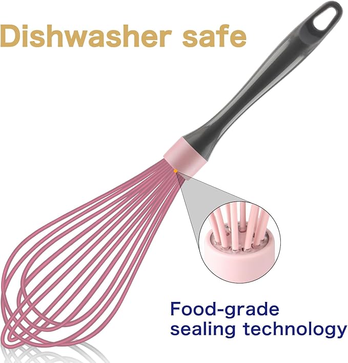 OYV Pink whisk, Dishwasher Safe Wisk, Professional Whisks For Cooking Non-Scratch, Stainless Steel & Silicone Wisk, Plastic Rubber Whisk Tool For Nonstick Cookware Pans, Heat Resistant Whisk 12-Inch