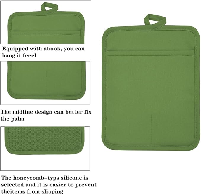 Oven Pot Holder with Pocket Cotton Heat Resistant Coaster Potholder Kitchen Hot Pad Oven Mitts for Cooking and Baking Square 7"x9" (Green, Silicone)