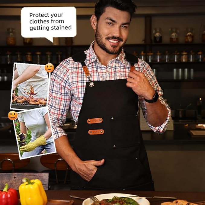 Chef Apron-Cross Back Apron for Men Women with Adjustable Straps and Large Pockets,Canvas