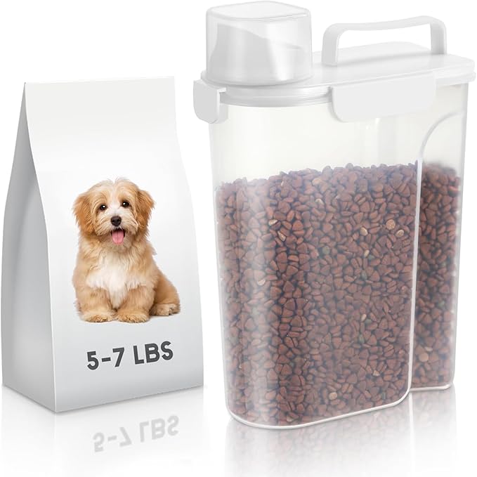 LEAWALK 5-7Lbs Dog Cat Food Storage Container with Upgraded Large Nozzle BPA-free, 4 Snap Seals Plastic Pet Food Storage Containers with Handles (White, 5L-1pack)