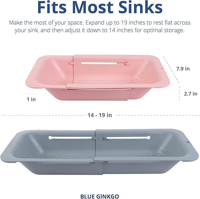 BLUE GINKGO Over the Sink Colander Strainer Basket - Wash Vegetables and Fruits, Drain Cooked Pasta and Dry Dishes - Extendable - New Home Kitchen Essentials (Grey & Pink, 2 Pack)