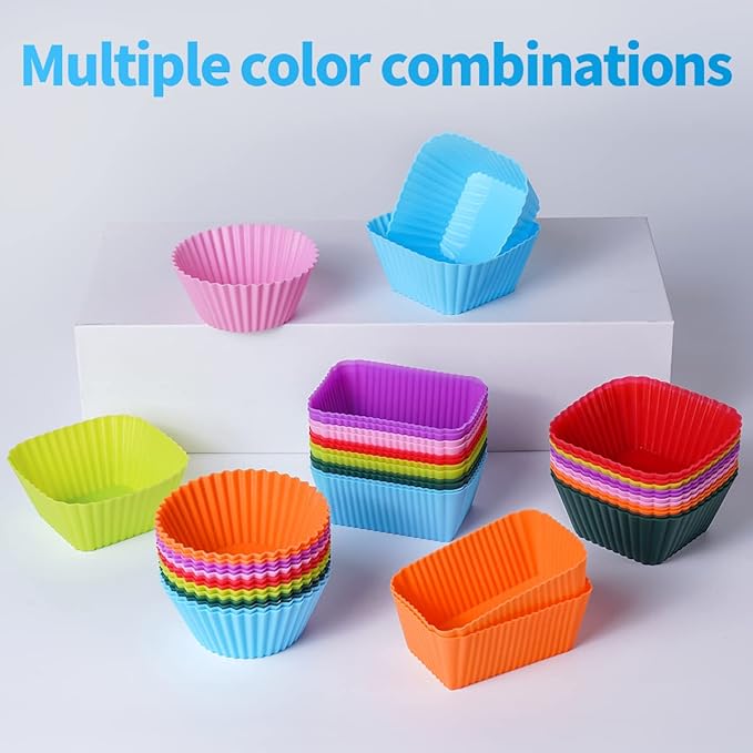 Doiaz Silicone Bento Lunch Box Dividers 3 Shapes of Standard Round & Square & Rectangle - Reusable Silicone Cupcake Liners Non-Stick Muffin Cups for Baking