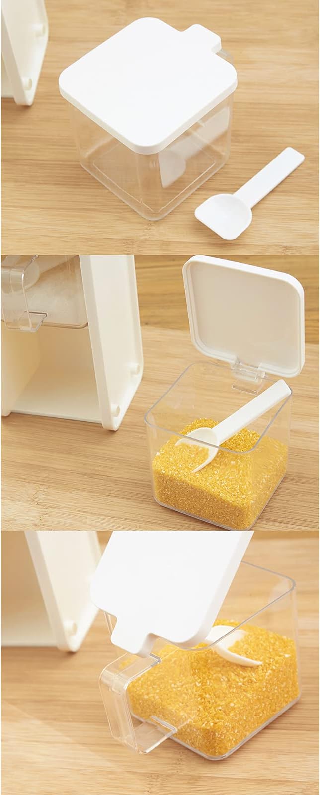 Hedume 2 Pack 3 Grids Clear Seasoning Box with Handle and Spoon, Seasoning Storage Container Rack Combo Set with Removable Cruet Jars for Spice Salt Sugar