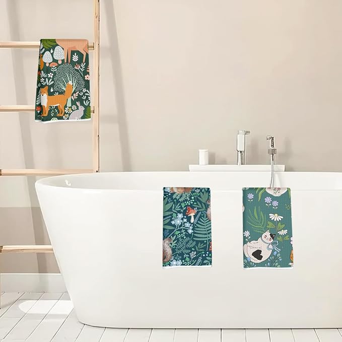 3Pcs Cat Kitchen Towels 24x14 Inch, Squirrel Fox Deer Decor Microfiber Reusable Tea Towels for Kitchen Bathroom Farmhouse, Durable Waffle Weave Dish Drying Towel, Floral Gifts for Women Mom Friend