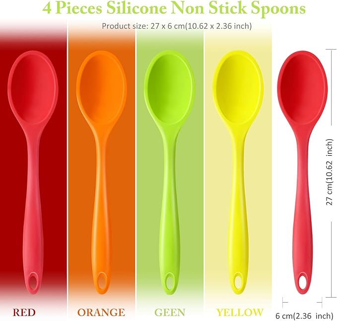 Shappy 4 Pieces Silicone Cooking Spoons 10.6 Inch Heat Resistant Kitchen Spoons for Mixing, Serving and Stirring Upgrade Large Non Stick Basting Utensils, Dishwasher Safe(Spoon,Bright Color)