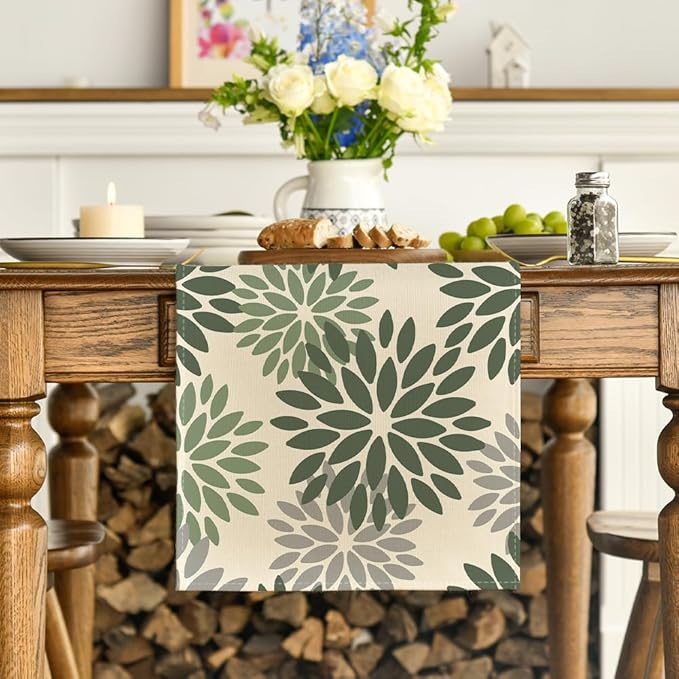 Artoid Mode Green Dahlia Aqua Floral Pinnata Flower Table Runner, Seasonal Holiday Kitchen Dining Table Decoration for Home Party Decor 13x72 Inch