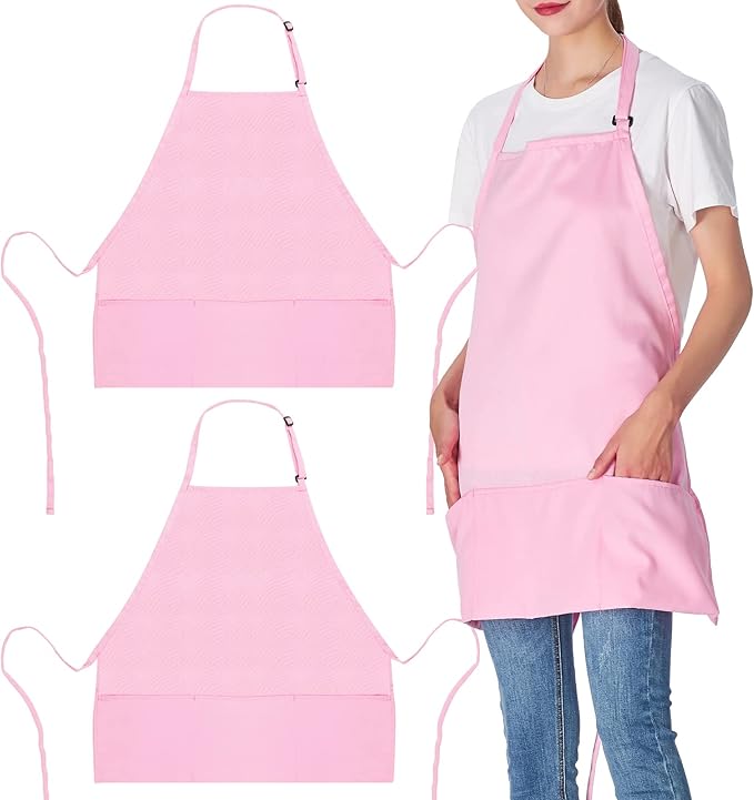 Jubatus 2 Pack 3 Pockets Adjustable Bib Apron Chef Kitchen Cooking Aprons for Women Men, Pink