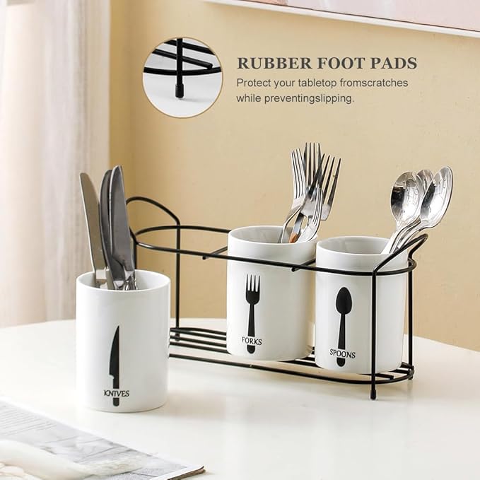 3-Piece White Ceramic Silverware Holder for Party Countertop, Utensil Holder with Black Metal Rack Flatware Caddy Cutlery Storage Organizer for Kitchen Table (White+Black B)