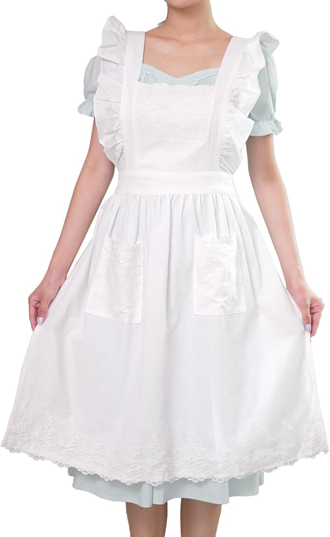 Aoomzoon Vintage Aprons for Women with Pockets Cute Lace Ruffle Adjustable Apron for Cooking Kitchen Baking Gardening