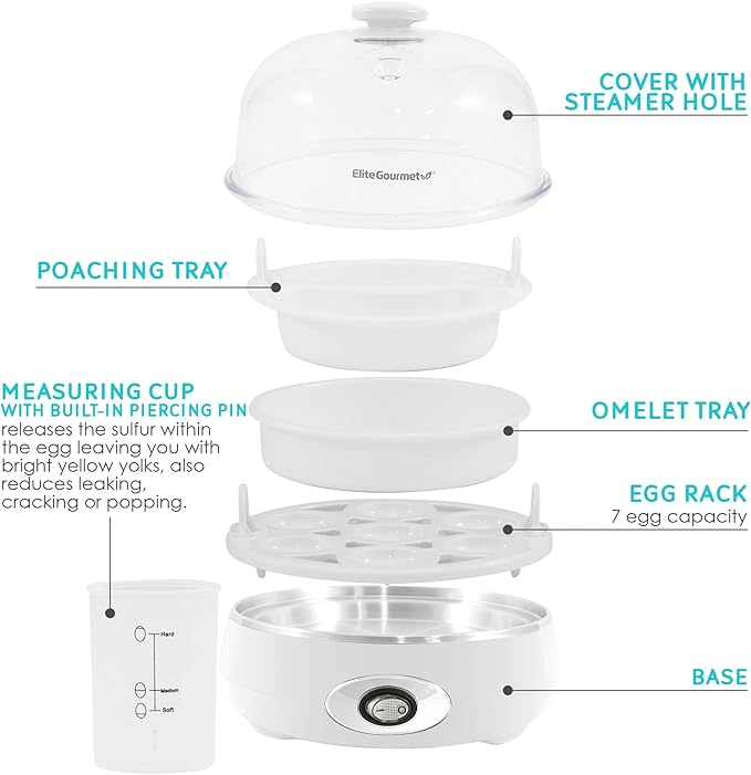 Elite Gourmet EGC007CHW Easy Electric 7 Egg Capacity Cooker, Poacher, Omelet Maker, Scrambled, Soft, Medium, Hard Boiled with Auto Shut-Off and Buzzer, BPA Free, Classic White