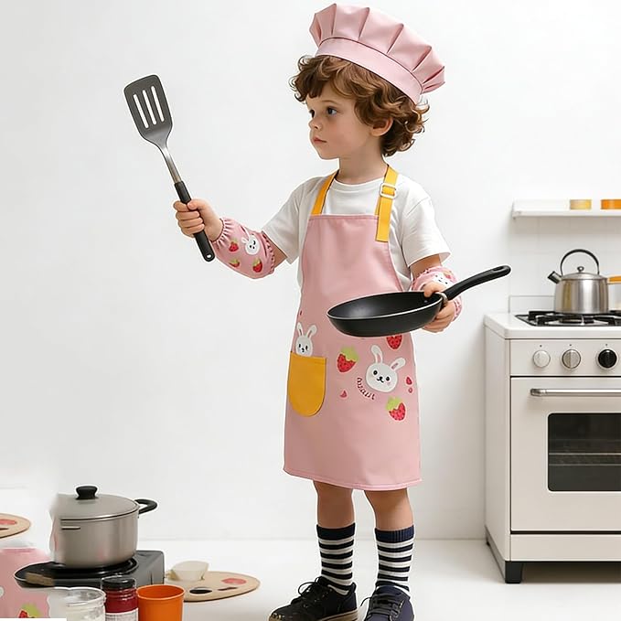 2-Piece Kids' Apron and Chef Hat Set, Adjustable with Pockets, for Children's Cooking, Baking, and Painting, Pink Floral Design for Boys and Girls Ages 3-6