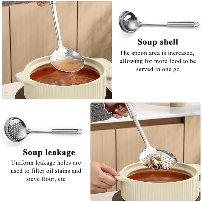 Stainless Steel Cooking Utensils Set 4 Pieces, Kitchen Tools Set Include Metal Spatula Set, Kitchen Skimmer, Soup Ladle, Kitchen Gadgets Essentials New Home Must Have
