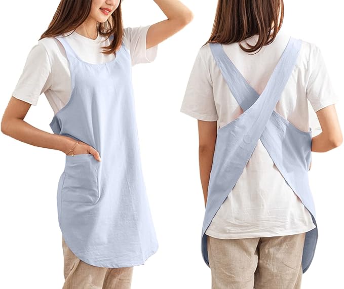 Cotton Cross Back Aprons Solid Color Cooking Kitchen Garden Smock for Women Girls with Pockets