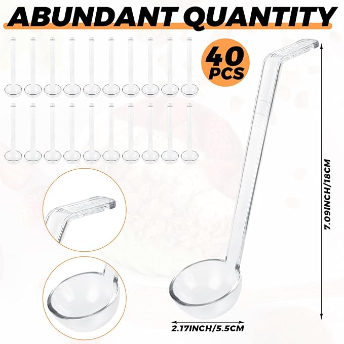 STARVAST 40PCS 1 oz Plastic Small Ladles with 7 Inches Long Handle, Clear Mini Ladle for Sauce Dressing Serving Salsa Punch Bowl Sauces and Toppings