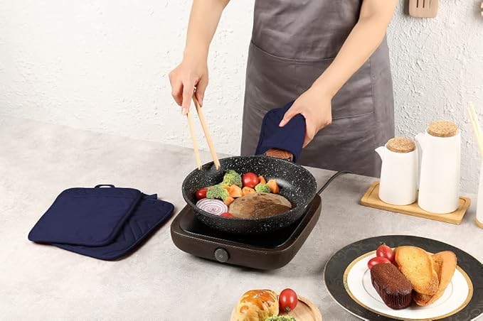 Oven Pot Holder with Pocket Cotton Heat Resistant Coaster Potholder Kitchen Hot Pad Oven Mitts for Cooking Square 7"x9" Set of 3 (Navy Blue)