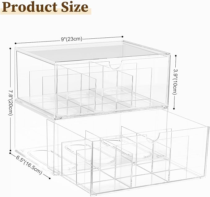 2 Pack Clear Tea Bag Organizer, Stackable Drawer Organizer with Dividers for Pantry Bathroom Vanity Kitchen - Cabinet Countertop Shelf Plastic Storage Bins for Coffee/Makeup/Cosmetic/Crafts/Jewelry