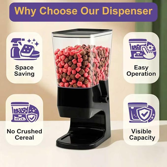 Cereal Dispenser Countertop 1 Pack, Dry Food Dispenser Snack Organizer, Slim Cereal Containers Storage Dispenser with Lids for Pantry, Kitchen Organization Oatmeal Nut Granola Candy, Black