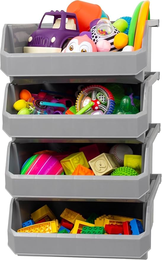 ReadySpace Plastic Containers for Organizing and Storage Bins for Closet, Kitchen, Office, Garage or Pantry Organization, Stackable Bins, Extra Large (14.8" x 16.5" x 7"), 4-Pack, Grey
