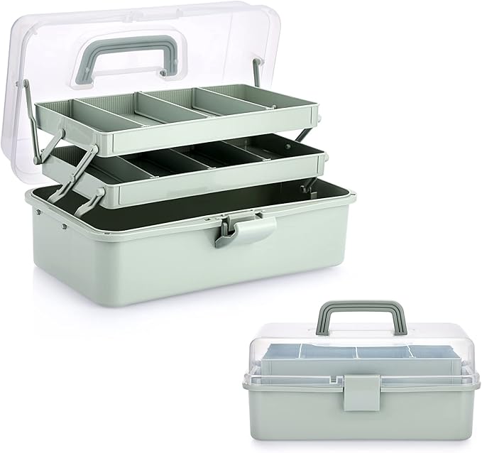 BTSKY 3-Layer Plastic Dividing Storage Box Craft Organizer and Storage with Adjustable Spacers Portable Handled Art Supply Organizer Multipurpose Home Utility Box for Medicine Sewing(Haze Green)